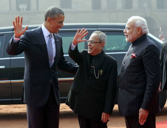 प्रणब मुखर्जी नरेंद्र मोदी और बराक ओबामा के साथ