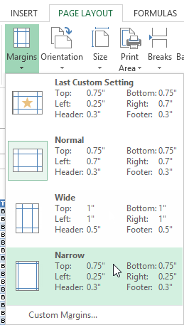 page margin in ms excel