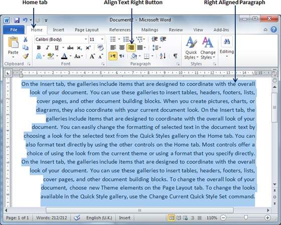 right alignment in ms word