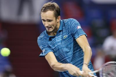 SHANGHAI, Oct. 8, 2019 (Xinhua) -- Daniil Medvedev of Russia competes during the men