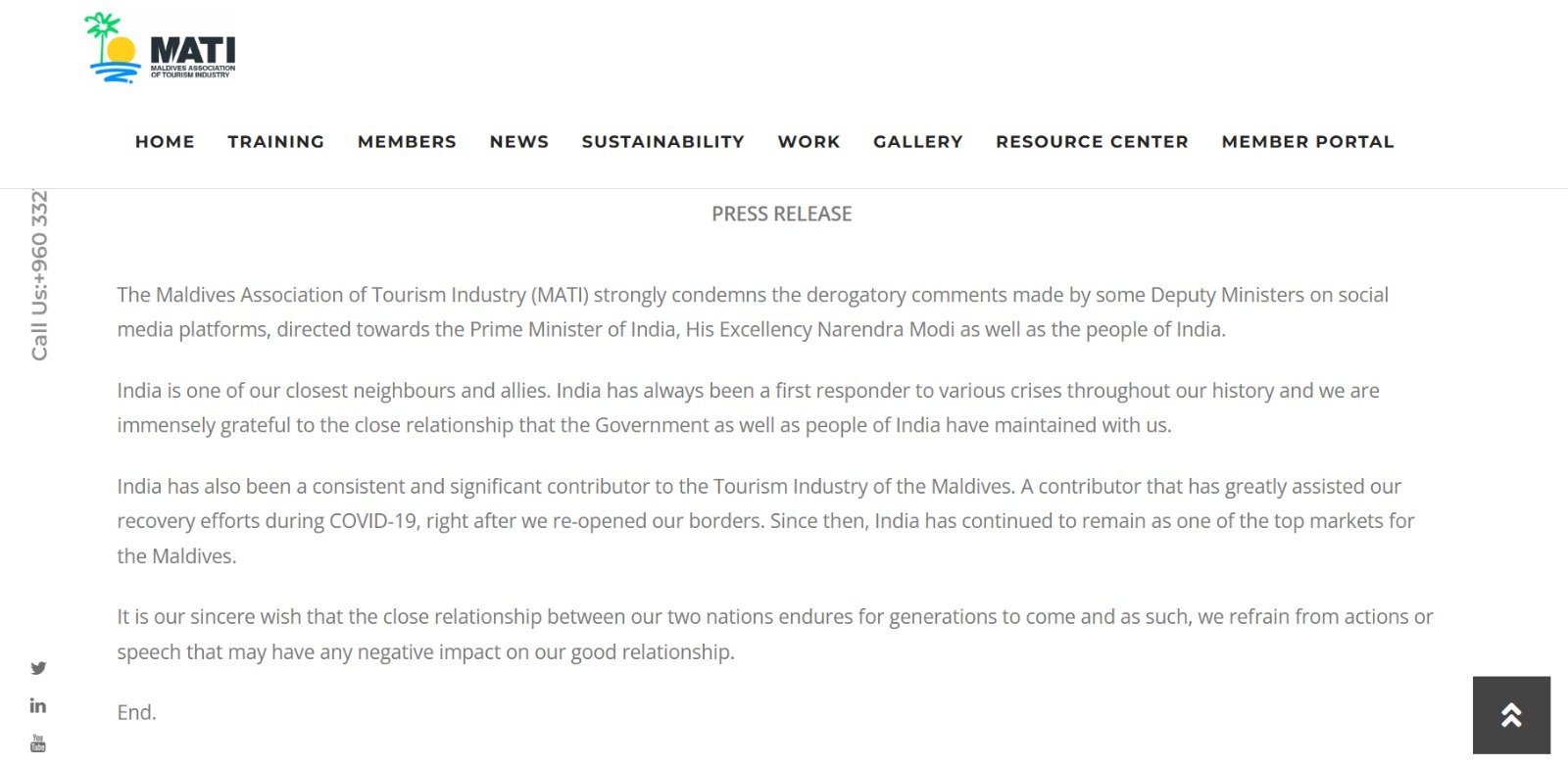 Statements by Maldives Association (MATI) on Maldives Lakshadweep Row